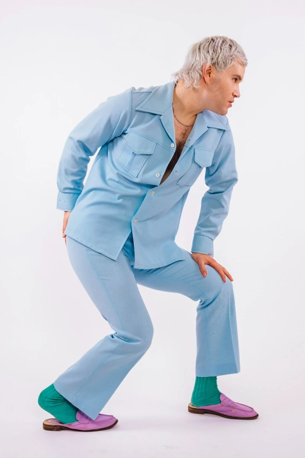 Creamy Sky Blue 70s Disco Suit — ODDBALLL VINTAGE